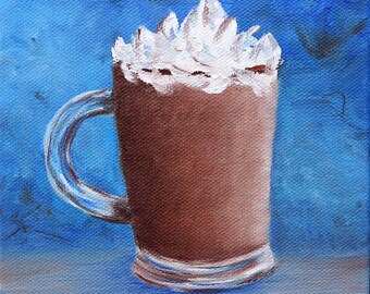 Hot chocolate, Cocoa, Original Still Life Oil Painting, 6x6, Coffee Mug, Whipped Cream, Comfort Food, Kitchen Decor, Hot Drink, Helen Eaton