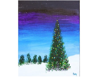 Christmas Tree in a Snowy Meadow, Original Acrylic Painting, 16"x 20", Christmas Lights, Snowy Landscape, Winter, Night Sky, Helen Eaton