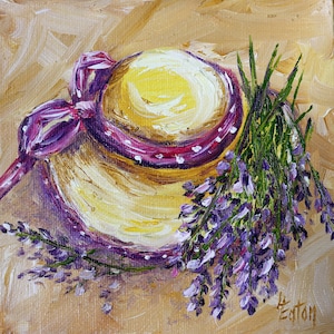 Hat and Lavender Oil Painting, Tiny Canvas Board, 5"x 5", Wide brimmed, floppy, straw hat, polka dot, purple flower, still life, Helen Eaton