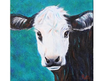 Cow Painting, Original Oil Painting, Black and White Calf, 8"x 8", Farm Animal, Ranch, Country, Bovine, Cattle, Cow Portrait, Helen Eaton