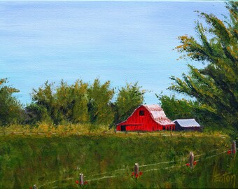 Red Barn, Farm Landscape, 9x12, Old Barn Scene, Arkansas, Summer, Country Living, Red Flowers,  Old Barn, Original Oil Painting, Helen Eaton