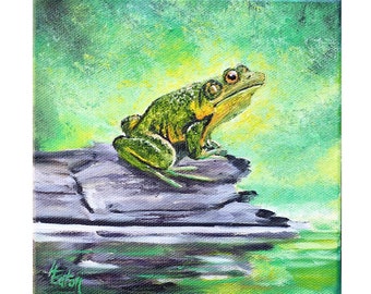 Frog Painting, Pond, Tree frog, Wildlife, Realism, Animal, Amphibian, Green frog, Nature Original Oil Painting, 6"x 6" x 2.5", Helen Eaton