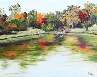 Reflections on a Pond, Autumn Landscape, 9"x 12", Original Oil Painting, Lake, Reflecting, Trees, Fall, Country, Arkansas, Helen Eaton