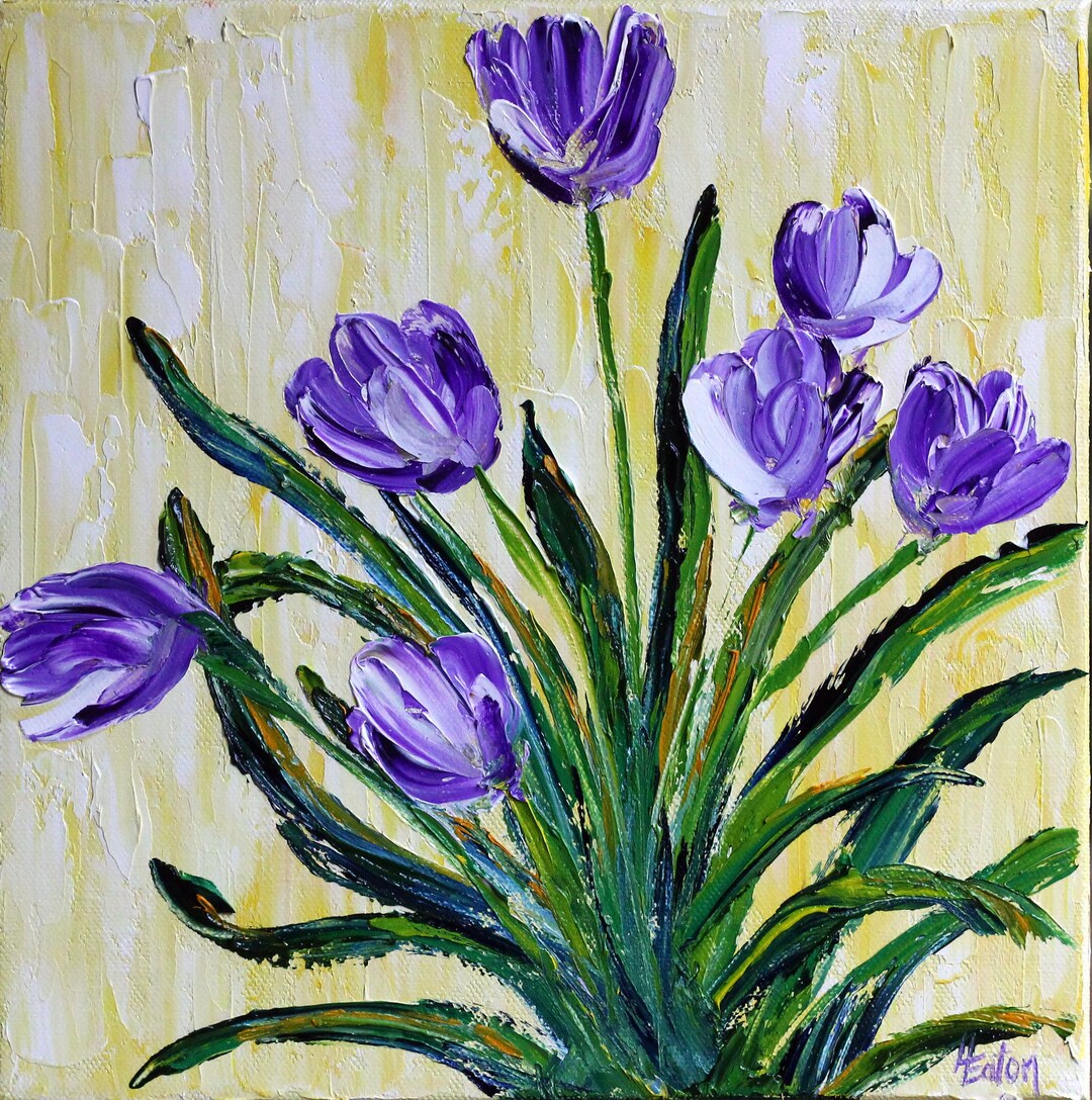 Purple Tulip Oil Painting: Palette Knife Floral Art (10x10) - Etsy