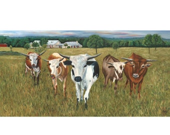 longhorns, Texas longhorns, cow, cattle, ranch, farm, giclee of original painting, print, Welcome Home Retreat, Weatherford, Helen Eaton