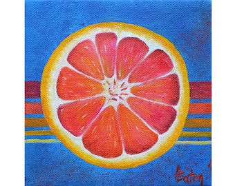 Grapefruit Still Life Original Oil Painting on 6x6 Square Canvas, Citrus, Orange, Kitchen or dining wall decor, Ruby Red, Helen Eaton