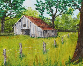 Old Barn Oil Painting, Summer Landscape, Arkansas Farm, Palette Knife Art, 11"x 14, Country Life, Ozarks, Ozark Mountains,  Helen Eaton