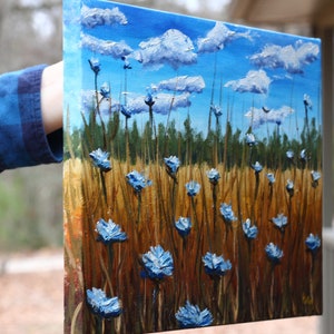 Field of Blue Flowers, Oil Painting, 11x 14, Summer Landscape, Cornflowers, Chicory, Wildflowers, Grasses, Clouds, Blue Sky, Helen Eaton image 2