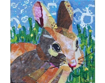 Easter Bunny, Mixed Media, Spring Rabbit Painting, 6x6, Whimsical Collage, Animal, Acrylic Gelli Printed Papers,  Helen Eaton