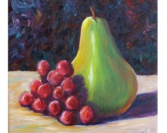 Dipinto di natura morta di pere e uva, Pittura di frutta, Pittura di pere, Uva rossa, Uva viola, Pera, Sfondo nero, Helen Eaton