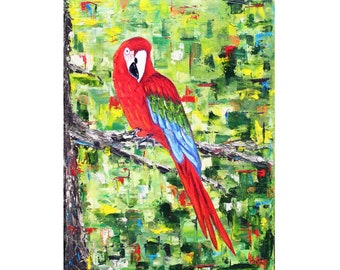 Red Parrot, Macaw, Original Oil Painting, 9"x 12", Red, Palette Knife Textured Art, Colorful Exotic Bird, Jungle Animal, Helen Eaton