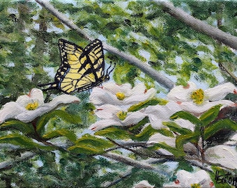 Yellow Swallowtail Butterfly on Dogwood Blossoms, Original Oil Painting, Summer Nature, White Petals, 6x8, Arkansas Tree, Helen Eaton