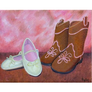 Little Girl Shoes, Cowgirl boots, Ballet Slippers, 8x10, Original Oil Painting of Shoes, Baby Girl Décor, Pink Toddler Wall Art, Helen Eaton