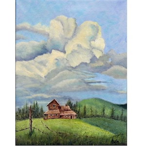 Peut inclure: Une peinture représentant une ferme brune avec un champ herbeux vert et un grand nuage blanc dans un ciel bleu.