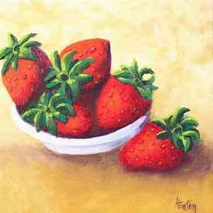 Strawberry Still Life Original Oil Painting, 8&quot;x 8&quot;, Strawberries in a Bowl, Berries,  Fruit Art, Kitchen Wall Art, Helen Eaton