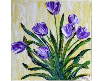 Painting of Tulips, Purple Tulips, 10x10, Palette Knife, Tulip Bouquet, Spring flowers, Purple flowers, Purple and yellow, Helen Eaton