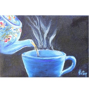 May include: A blue teapot pours tea into a blue teacup. Steam rises from the cup against a black background.