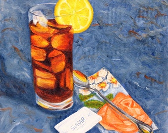 Sweet Iced Tea, Ice Tea, Southern Drink, the South, Lemon, 10x 10, Sweet Tea, Sugar, Still Life, Original Oil Painting, Helen Eaton