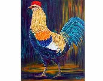 Rooster Painting, Chicken Art, 11x14, Coat of Many Colors, Barnyard Animals, Farm, Backyard Chickens, Poultry, Hen,Arkansas, Helen Eaton