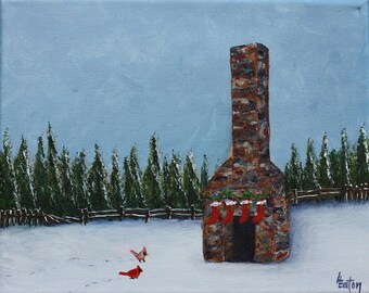 Christmas, Snow, Cardinals, Stockings on the Chimney, 8x 10, Winter, Original Landscape Oil Painting, Holiday, Garland, Birds, Helen Eaton