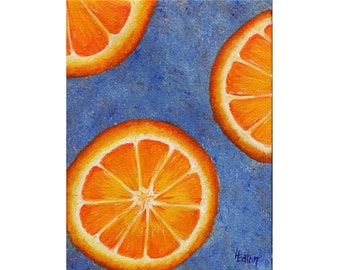 Orange Slices Fruit Still Life, Oranges on Blue, 6x8, Citrus Kitchen Wall Art, Zest, Circle and Radius, Original Oil Painting, Helen Eaton