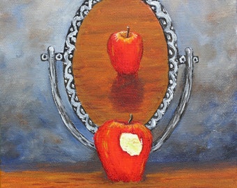 Apple Original Oil Painting, 8"x 8", Silver Mirror, Looking Glass, Bite, Red Apple, Reflection, Fruit Still Life, Point of View, Helen Eaton