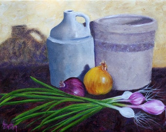 Still life painting of onions and vintage crockery, 9x12, antique crock, kitchen wall decor, vintage jug, Original Oil Painting, Helen Eaton