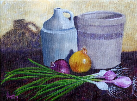 Bodegon Pintura De Cebollas Y Vajilla Vintage 9x12 Crock Etsy