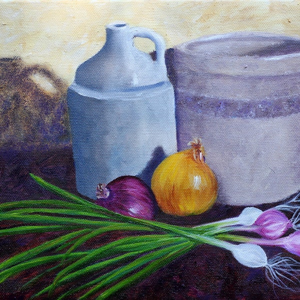 Still life painting of onions and vintage crockery, 9x12, antique crock, kitchen wall decor, vintage jug, Original Oil Painting, Helen Eaton