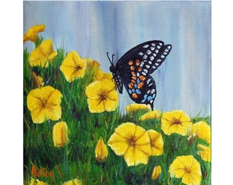 Butterfly painting, Yellow flowers, 8x8 Canvas, Swallowtail, Butterfly in flowers, Black butterfly, wall decor, summer painting, Helen Eaton