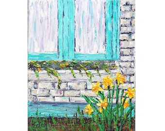 Daffodils, Spring Flowers, Jonquils, Original Oil Painting, 8"x 10", Yellow, Floral, Palette knife, Turquoise Shutters, Spring, Helen Eaton