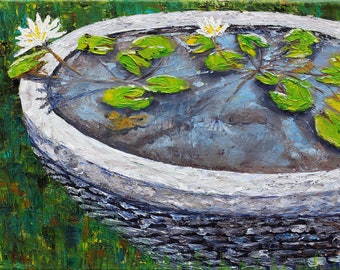 Lily Pad Pool, Water Lily Pond, White Water Lilies, 11"x 14" Original Oil Palette Knife Painting, Stone Basin in Indonesia, Helen Eaton