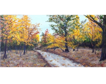 Autumn Road, Original Oil Painting, 10"x 20", Fall Forest, Yellow Leave, Fall Forest, Path through the Woods, Fork in the Road, Helen Eaton