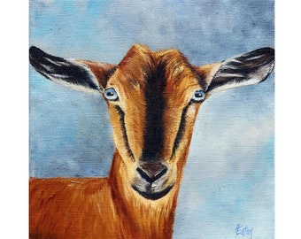 Pretty Goat Painting, Nanny Goat, 8x8, Farm Animal, Blue Eyes, Brown Goat, Original Oil Painting, Helen Eaton