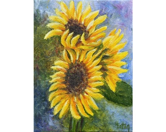 Sunflower Original Oil Painting, 6"x 8" Canvas, Yellow Sunflowers, Autumn Flower, Summer Flower, Yellow Bouquet, Floral, Helen Eaton