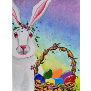 Easter Bunny Acrylic Painting, White Rabbit, Easter Basket, 12x 16 Canvas Board, Dyed Easter Eggs, Rainbow Colors, Whimsical, Helen Eaton image 1