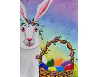 Easter Bunny Acrylic Painting, White Rabbit, Easter Basket, 12"x 16" Canvas Board, Dyed Easter Eggs, Rainbow Colors, Whimsical, Helen Eaton