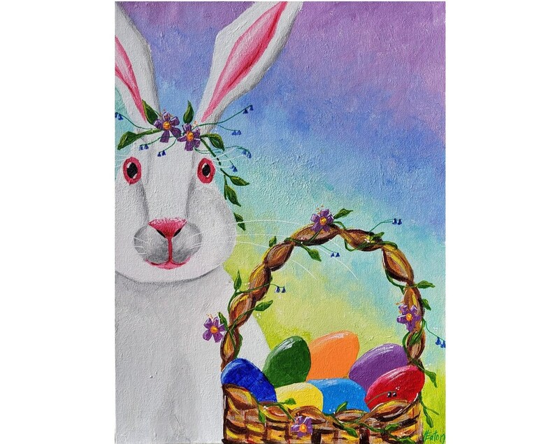 Easter Bunny Acrylic Painting, White Rabbit, Easter Basket, 12x 16 Canvas Board, Dyed Easter Eggs, Rainbow Colors, Whimsical, Helen Eaton image 1