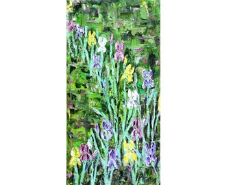 Iris Original Oil Painting, Palette Knife, Row of Irises, Colorful Flowers, Spring, Floral, Perennial, Arkansas Flora, Helen Eaton