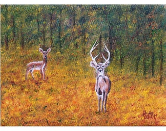 Autumn Deer, Buck, Doe, 6x8, Arkansas, Wildlife, Whitetail Deer, Fall foliage, Hunting Season, Forest,  Original Oil Painting, Helen Eaton