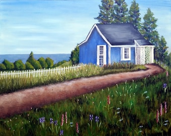 House by the Ocean, Blue house, Ocean View, Cottage, Lupines, Wildflowers, Landscape, Original Oil Painting, 16x 20, Helen Eaton