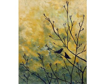 Silhouette Art, Original Oil Painting, 11"x 14", Songbirds, Bird, Crows, Blackbirds, Shadows, Sunrise, Sunset, Helen Eaton