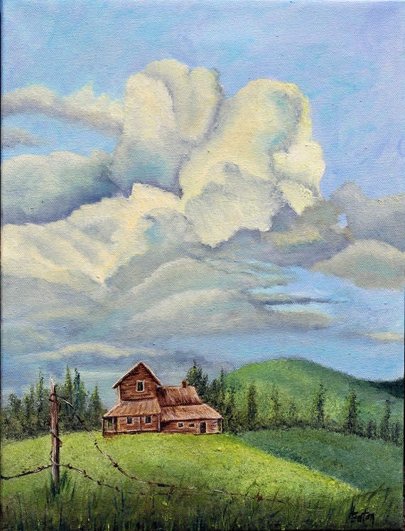 Skyscape Oil Painting: Billowing Clouds Over Country Cabin (12x16
