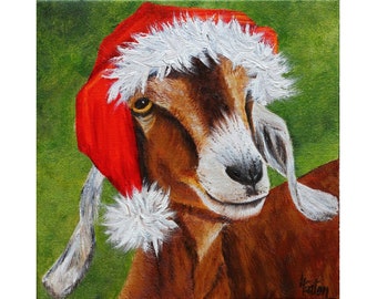 Santa Claus Billy Goat, Goat Portrait, Fun Christmas 8x8, Art Wall Décor, Bah Humbug, Farm Animal, Original Oil Painting, Helen Eaton