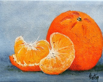 Tangerines, Original Oil Painting, 5"x 7", Tangerine Slices, Orange, Citrus, Fruit Still Life, Small Kitchen Wall Decor, Canvas, Helen Eaton