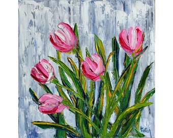 Painting of pink tulips, palette knife, 10x10, textured pink tulip painting, pink on gray, tulip bouquet, original oil painting, Helen Eaton