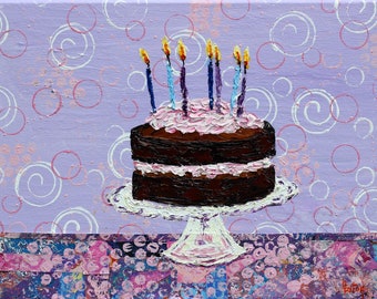 Happy Birthday Painting, Chocolate Layer Cake, Birthday Candles, 11"x 14", Original Mix Media Wall Art, Strawberry Frosting, Helen Eaton