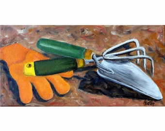 Garden Tools, Gardening, Tools of the Trade, 12x6, Spade, Original Oil Painting Still Life, Gloves, Spring Planting,  Helen Eaton