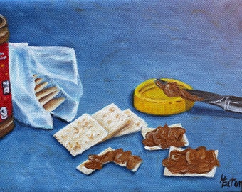 Peanut butter, Crackers, After School Snack, 6x8, Saltines, Still Life, kid favorite, kitchen counter, Original Oil Painting, Helen Eaton