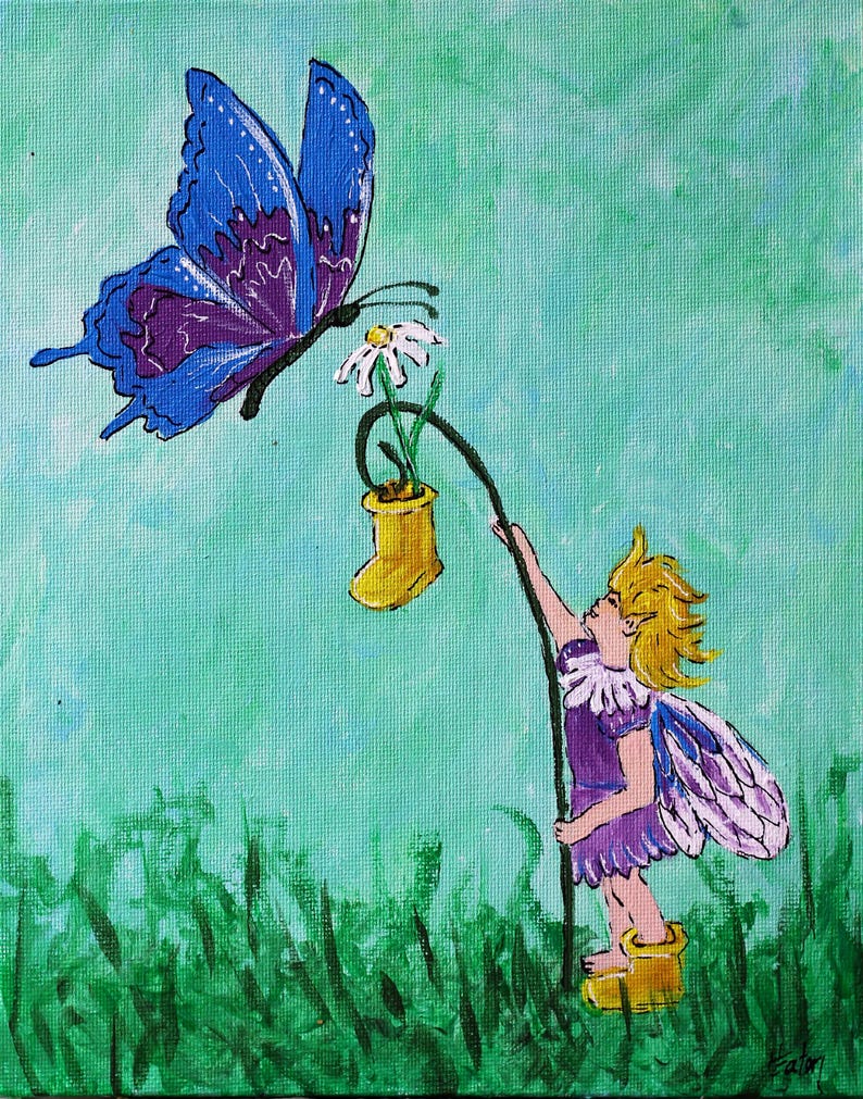 May include: An acrylic painting depicts a fairy offering a flower to a blue and purple butterfly. The fairy, with blonde hair and purple attire, stands in a grassy field. A yellow boot holds the flower. The background is a light green.